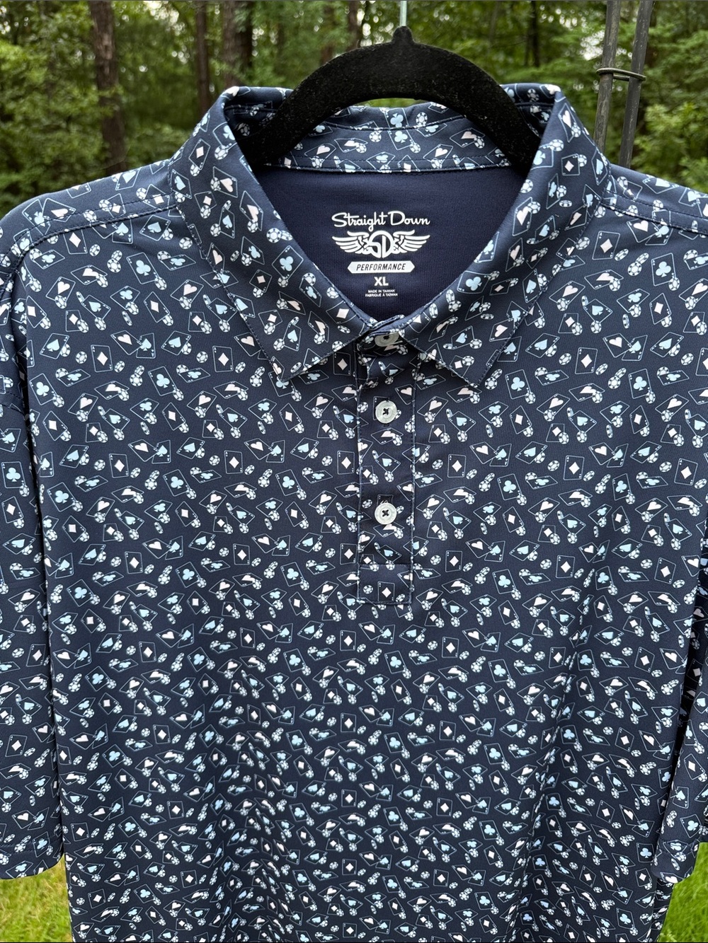 Straight Down Men's Navy Performance Polo with Card-Suit Print - XL
